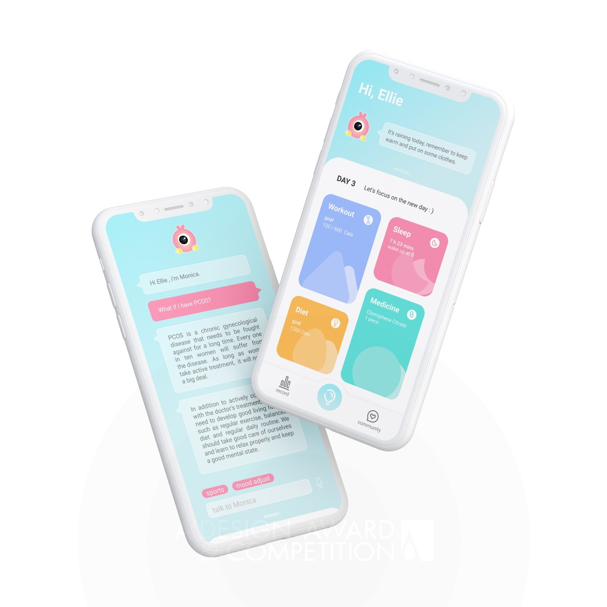 Monica Female Health Care by Muling Huang and Xintong Li Bronze Mobile Technologies, Applications and Software Design Award Winner 2021 