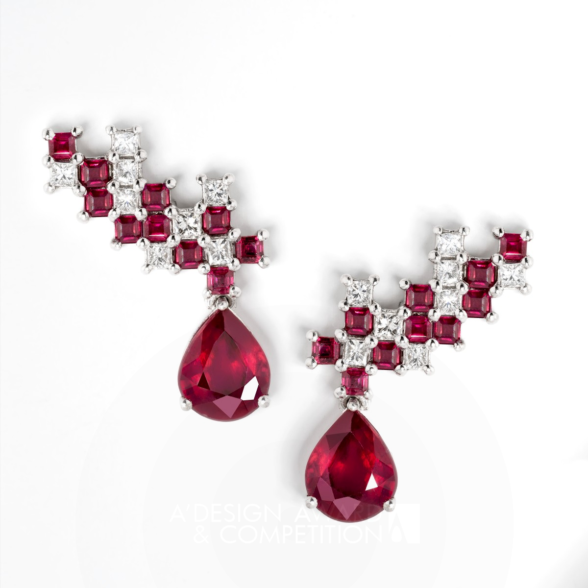 Ruby Pixels Earrings by Nima Nazem Zomorodi Bronze Jewelry Design Award Winner 2021 