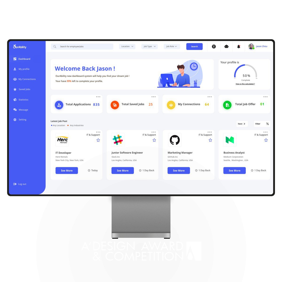 Ourability Connect Dashboard Career Networking Platform by Zilin Zhou Bronze Interface, Interaction and User Experience Design Award Winner 2024 