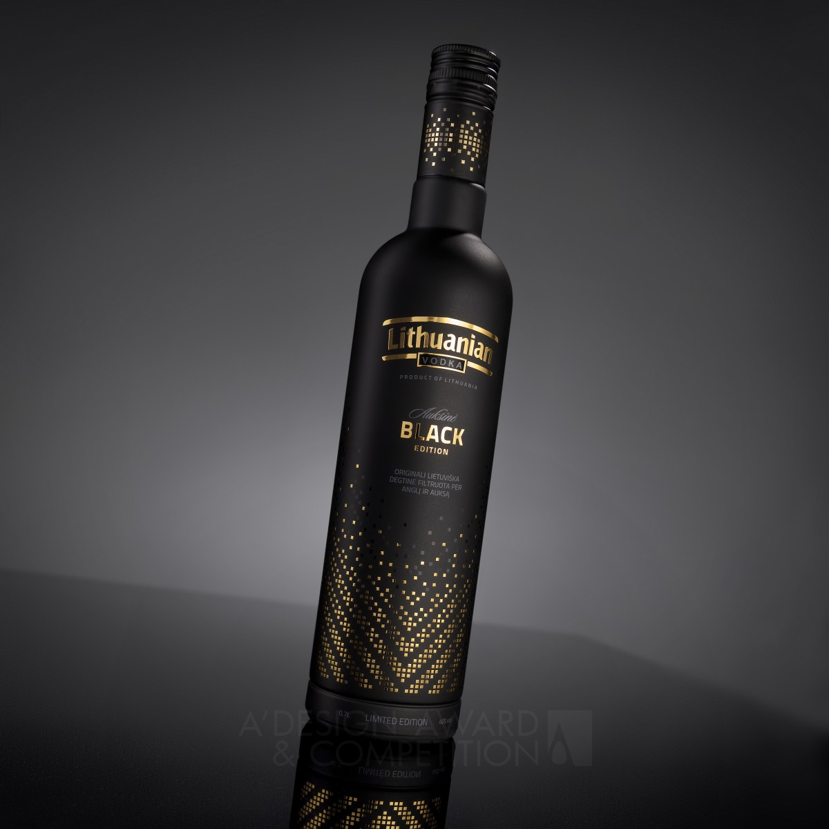 Lithuanian vodka Gold. Black Edition Bottle decor by Studija Creata Golden Packaging Design Award Winner 2014 