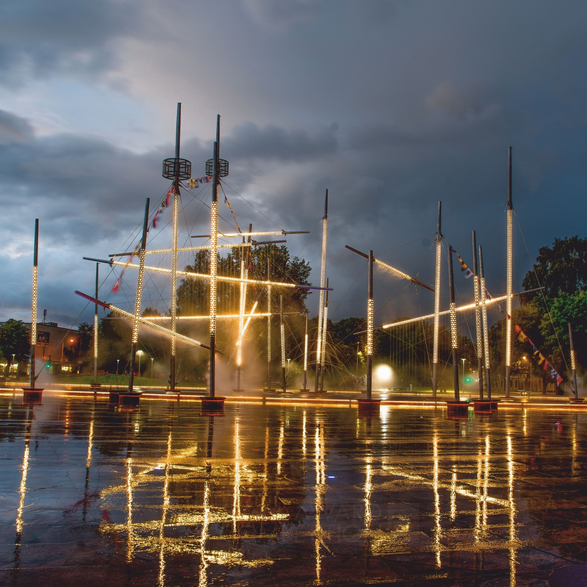 Frigate Wallfisch and Lielais Square  Multifunctional fountain outdoor design by Architect David Cook Golden Landscape Planning and Garden Design Award Winner 2017 