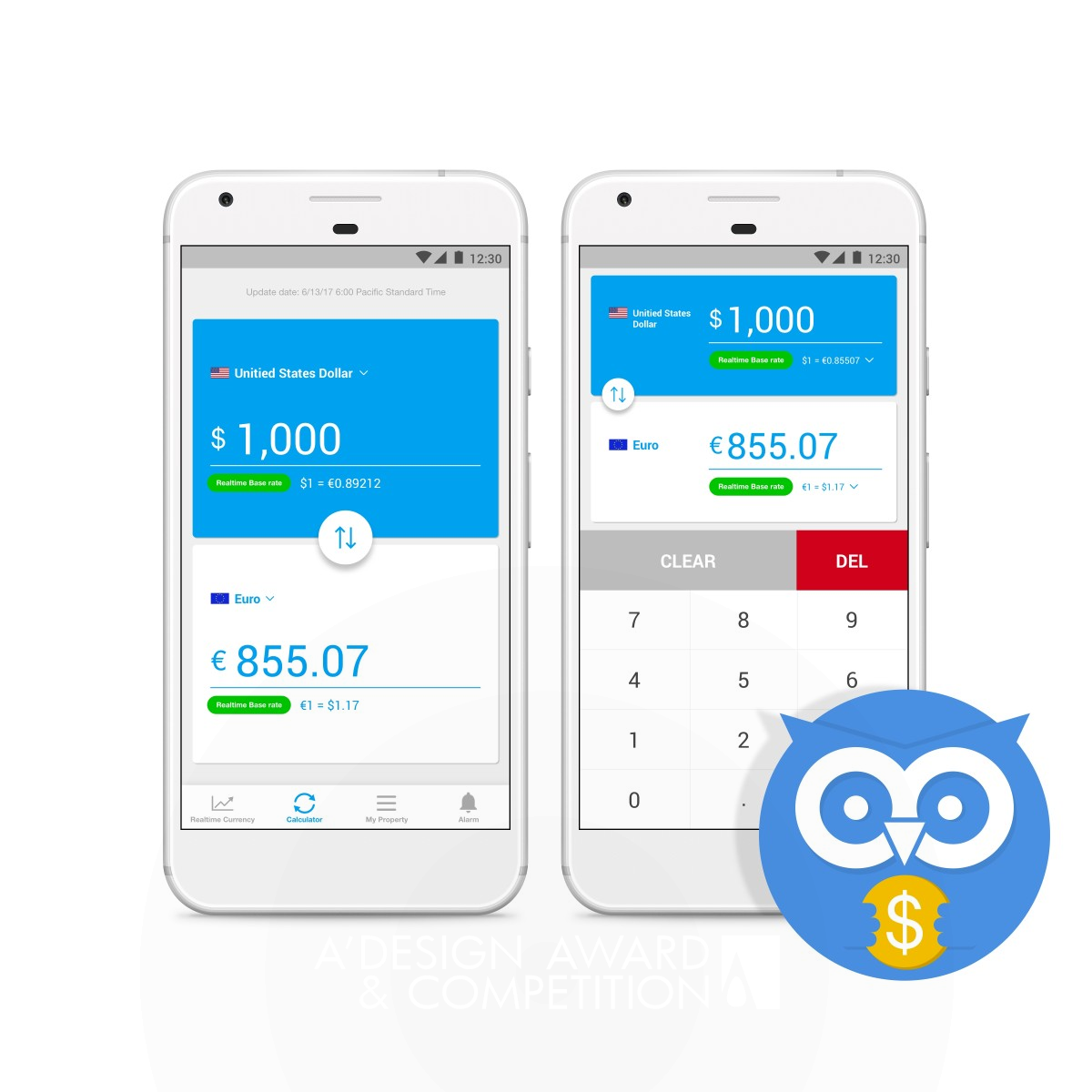 Owl Currency Exchange rate viewer by Hongseon Kim Bronze Mobile Technologies, Applications and Software Design Award Winner 2018 