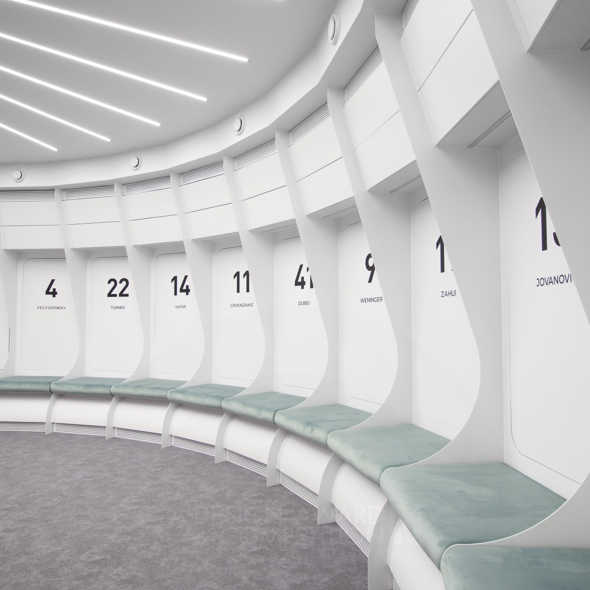 Sopron Basket Locker Room by IO line and round Golden Interior Space and Exhibition Design Award Winner 2019 