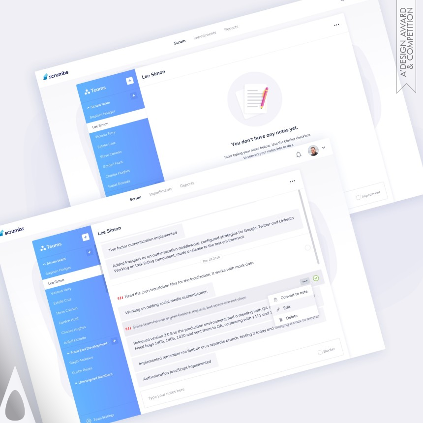 Iron Information Technologies Design Award Winner 2019 Scrumbs Management Tool 