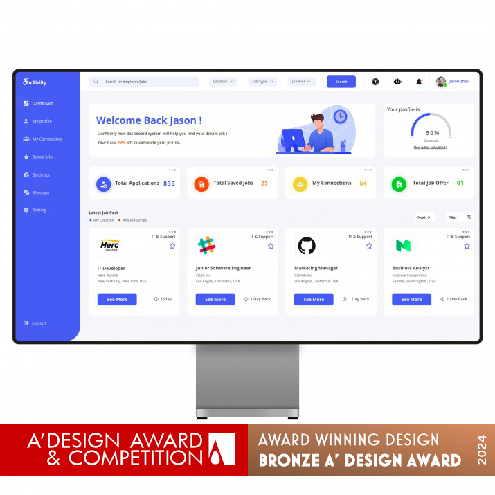Ourability Connect Dashboard Career Networking Platform by Zilin Zhou Bronze Interface, Interaction and User Experience Design Award Winner 2024 