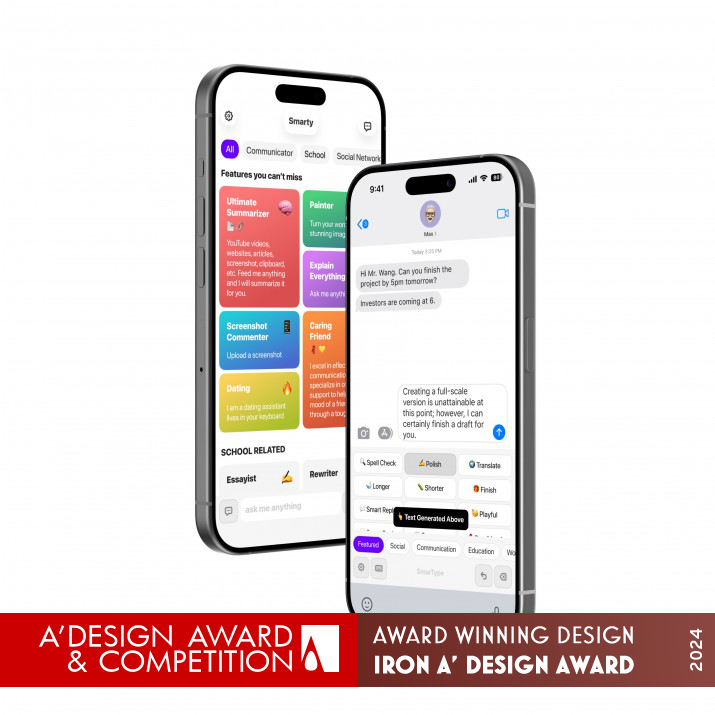Smarty AI Keyboard App by Huiyu Wang and Xiangyu Wang Iron Mobile Technologies, Applications and Software Design Award Winner 2024 