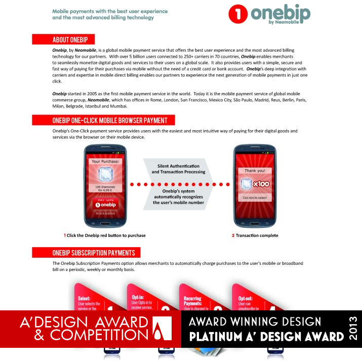 Onebip one-click mobile payment solution Mobile payment by Neomobile Platinum Meta, Strategic and Service Design Award Winner 2013 