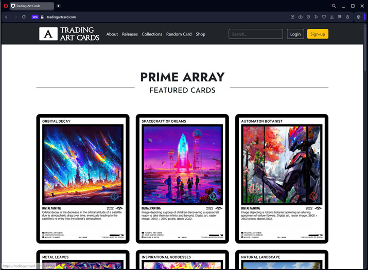 trading art cards website screenshot